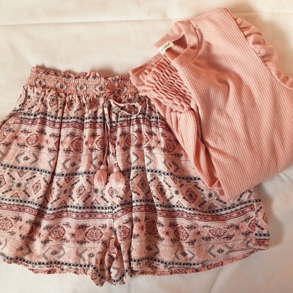 Boho Bundle - Rayon Shorts with Pockets, Elastic Waist & DustyPink Summer Blouse